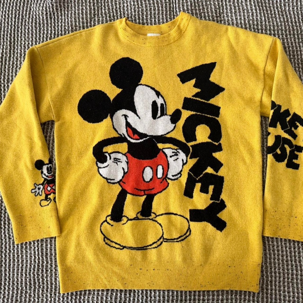 Disney Mickey Mouse Pullover Knit Sweater Yellow Black Fleck Trim Womens Small